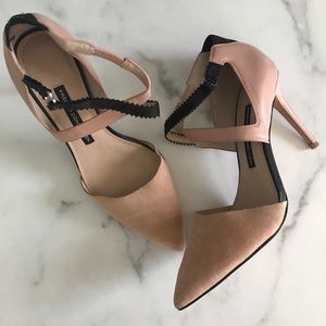 Nude suede pointed toe heels